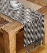 Mezposh Acoustic Black & Beige Polycotton Jacquard 4 Seater Chevron Table Runner with Tassels  (140x40 cm)