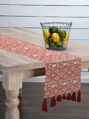 Mezposh Tribal Natural & Red Polycotton Jacquard & Lurex 6 Seater Ethnic Motifs Table Runner with Tassels (180x40 cm) 1