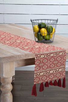 Mezposh Tribal Natural & Red Polycotton Jacquard & Lurex 6 Seater Ethnic Motifs Table Runner with Tassels (180x40 cm)