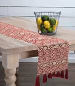 Mezposh Tribal Natural & Red Polycotton Jacquard & Lurex 6 Seater Ethnic Motifs Table Runner with Tassels (180x40 cm)