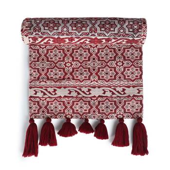 Mezposh Tribal Natural & Red Polycotton Jacquard & Lurex 6 Seater Ethnic Motifs Table Runner with Tassels (180x40 cm) 2
