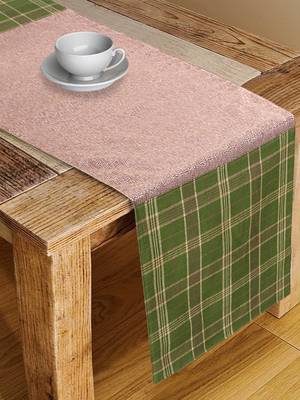 Mezposh Maverick Green & Brown Polycotton Canvas 6 Seater Checked Table Runner with Textured (180x40 cm) 1