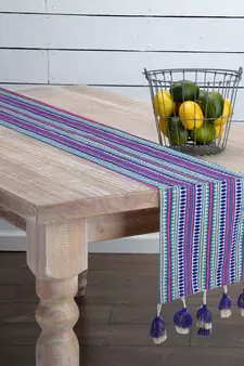 Mezposh Dazzle Blue & Multi Cotton Jacquard & Lurex 6 Seater Geometric Table Runner with Tassels (180x40 cm)