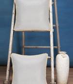 Mezposh Dazzle Dazzle Silver & Natrual Cotton Lurex Solid Self Design Pompom Cushion Cover (16"X16") (Set of 2)