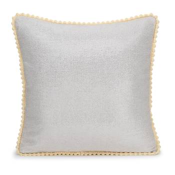 Mezposh Dazzle Dazzle Silver & Natrual Cotton Lurex Solid Self Design Pompom Cushion Cover (16"X16") (Set of 2) 2