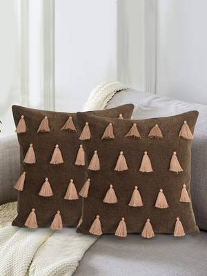 Mezposh Droplet Brown Cotton Velvet Solid Self Design Tasselled Cushion Cover (16"X16") (Set of 2) 1
