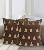 Mezposh Droplet Brown Cotton Velvet Solid Self Design Tasselled Cushion Cover (16"X16") (Set of 2)