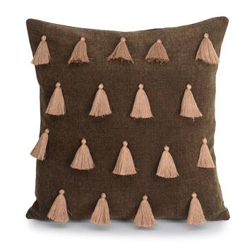 Mezposh Droplet Brown Cotton Velvet Solid Self Design Tasselled Cushion Cover (16"X16") (Set of 2) 2
