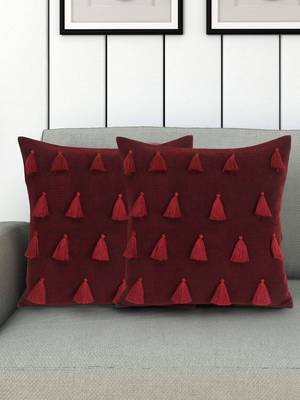 Mezposh Droplet Wine Cotton Velvet Solid Self Design Tasselled Cushion Cover (16"X16") (Set of 2) 1