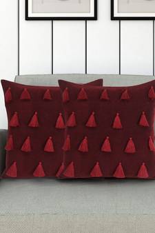 Mezposh Droplet Wine Cotton Velvet Solid Self Design Tasselled Cushion Cover (16"X16") (Set of 2)