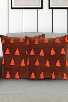 Mezposh Droplet Rust & Orange Cotton Velvet Solid Self Design Tasselled Cushion Cover (16"X16") (Set of 2)