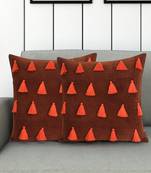 Mezposh Droplet Rust & Orange Cotton Velvet Solid Self Design Tasselled Cushion Cover (16"X16") (Set of 2)