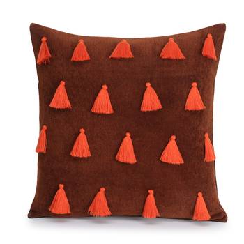 Mezposh Droplet Rust & Orange Cotton Velvet Solid Self Design Tasselled Cushion Cover (16"X16") (Set of 2) 2