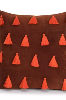 Mezposh Droplet Rust & Orange Cotton Velvet Solid Self Design Tasselled Cushion Cover (16"X16") (Set of 2)