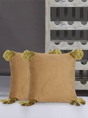 Mezposh Motley Beige & Green Cotton Corduroy Striped Tasselled Cushion Cover (16"x16") (Set of 2) 1