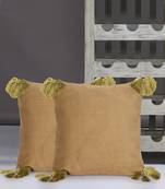 Mezposh Motley Beige & Green Cotton Corduroy Striped Tasselled Cushion Cover (16"x16") (Set of 2)