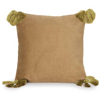 Mezposh Motley Beige & Green Cotton Corduroy Striped Tasselled Cushion Cover (16"x16") (Set of 2) 2