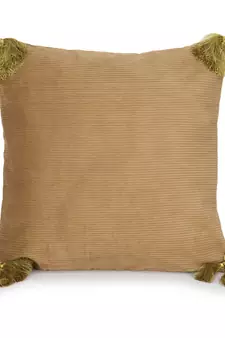 Mezposh Motley Beige & Green Cotton Corduroy Striped Tasselled Cushion Cover (16"x16") (Set of 2)