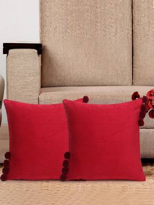Mezposh Motley Maroon Cotton Corduroy Striped Pompom Cushion Cover (16"x16") (Set of 2) 1