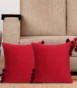 Mezposh Motley Maroon Cotton Corduroy Striped Pompom Cushion Cover (16"x16") (Set of 2)