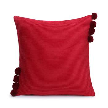Mezposh Motley Maroon Cotton Corduroy Striped Pompom Cushion Cover (16"x16") (Set of 2) 2