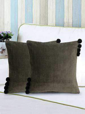 Mezposh Motley Mehandi Green Cotton Corduroy Striped Pompom Cushion Cover (16"x16") (Set of 2) 1