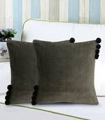 Mezposh Motley Mehandi Green Cotton Corduroy Striped Pompom Cushion Cover (16"x16") (Set of 2)