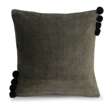 Mezposh Motley Mehandi Green Cotton Corduroy Striped Pompom Cushion Cover (16"x16") (Set of 2) 2