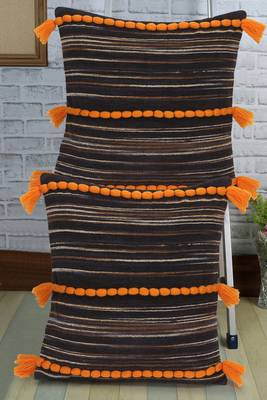 Mezposh Motley Brown & Rust Cotton Velvet Self Design Tasselled Cushion Cover (16"x16") (Set of 2) 1