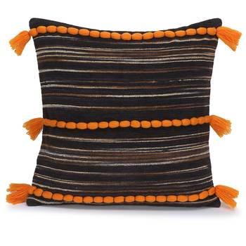 Mezposh Motley Brown & Rust Cotton Velvet Self Design Tasselled Cushion Cover (16"x16") (Set of 2) 2