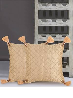 Mezposh Rasta Beige Polyester Quilted Checked Tasselled Cushion Cover (12"x12") (Set of 2) 1