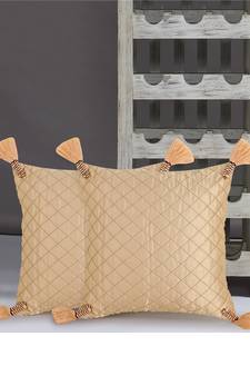 Mezposh Rasta Beige Polyester Quilted Checked Tasselled Cushion Cover (12"x12") (Set of 2)