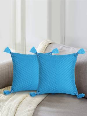Mezposh Rasta Blue Polyester Quilted Geometric Tasselled Cushion Cover (12"x12") (Set of 2) 1
