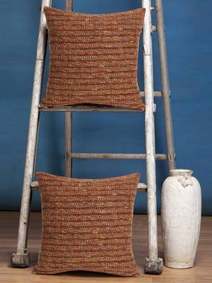 Mezposh Motley Rust & Orange Wool Acrylic Striped Textured Cushion Cover (16"x16") (Set of 2) 1