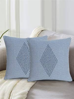 Mezposh Indigo Blue & White Polycotton Jacquard Embellished Cushion Cover (16"x16") (Set of 2) 1