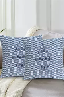 Mezposh Indigo Blue & White Polycotton Jacquard Embellished Cushion Cover (16"x16") (Set of 2)