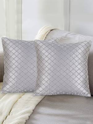 Mezposh Rasta Grey Satin (Polyester) Checked Quilted Cushion Cover (14"X14") (Set of 2) 1