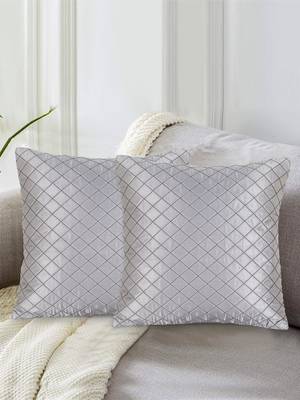 Mezposh Rasta Grey Satin (Polyester) Checked Quilted Cushion Cover (16"X16") (Set of 2) 1