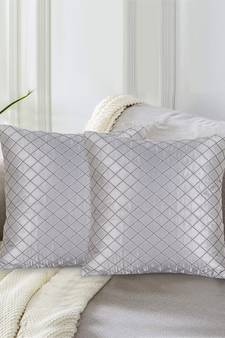Mezposh Rasta Grey Satin (Polyester) Checked Quilted Cushion Cover (16"X16") (Set of 2)