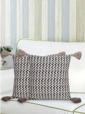 Mezposh Acoustic Natural & Multi Polycotton Jacquard Chevron  Tasselled Cushion Cover (16"x16") (Set of 2) 1