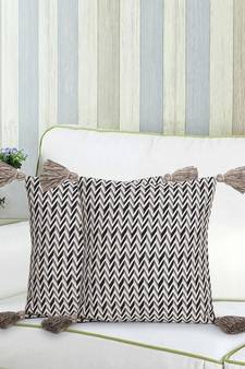 Mezposh Acoustic Natural & Multi Polycotton Jacquard Chevron  Tasselled Cushion Cover (16"x16") (Set of 2)