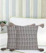 Mezposh Acoustic Natural & Multi Polycotton Jacquard Chevron  Tasselled Cushion Cover (16"x16") (Set of 2)