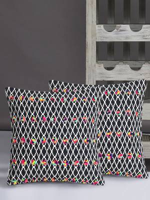 Mezposh Acoustic Black White & Multi Cotton Jacquard Quirky Pompom Cushion Cover (16"x16") (Set of 2) 1