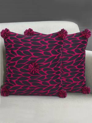 Mezposh Nomad Pink & Black Polyester Jacquard Quirky Pompom Cushion Cover (16"x16") (Set of 2) 1