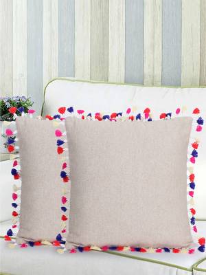 Natural & Multi Cotton Canvas Solid Self Design Tasselled Cushion Cover (16"x16") (Set of 2) 1
