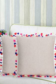 Natural & Multi Cotton Canvas Solid Self Design Tasselled Cushion Cover (16"x16") (Set of 2)