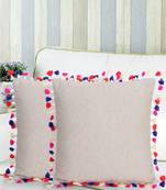 Natural & Multi Cotton Canvas Solid Self Design Tasselled Cushion Cover (16"x16") (Set of 2)