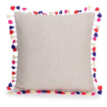 Natural & Multi Cotton Canvas Solid Self Design Tasselled Cushion Cover (16"x16") (Set of 2) 2