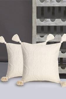 Mezposh Rasta Natural Cotton Self Design Tasselled Cushion Cover (12"X12") (Set of 2)