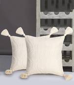 Mezposh Rasta Natural Cotton Self Design Tasselled Cushion Cover (12"X12") (Set of 2)